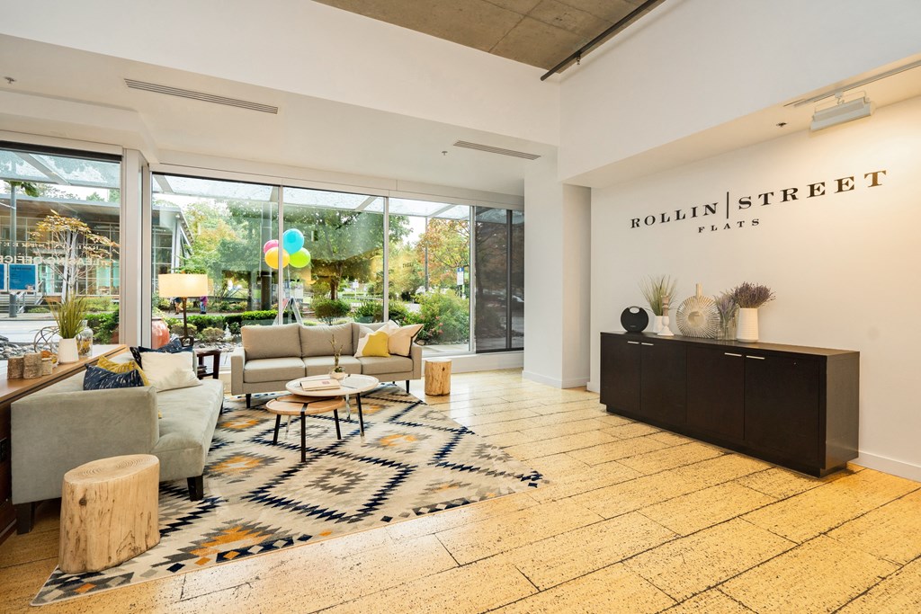 a living room with couches and a rug in front of a window