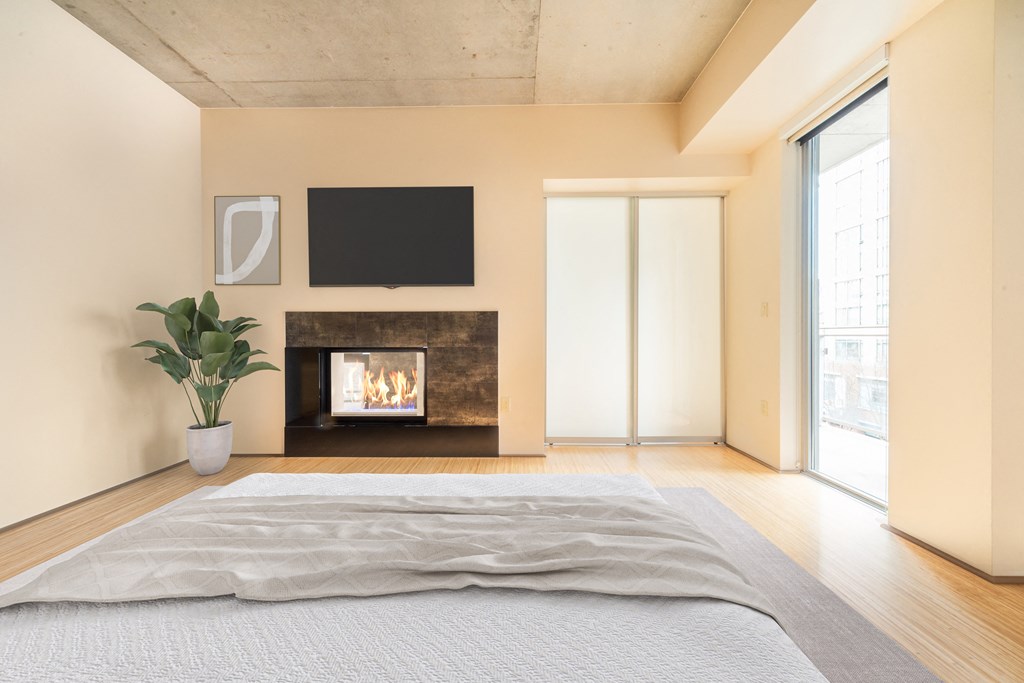 a bedroom with a bed and a fireplace     and a tv