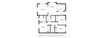A floor plan of a house with a living room, dining room, kitchen, and three bedrooms.