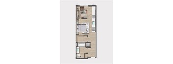 A floor plan of a room with a couch, a bed, a desk, and a chair.