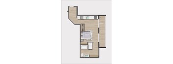 A floor plan of a house with a kitchen, living room, and two bedrooms.