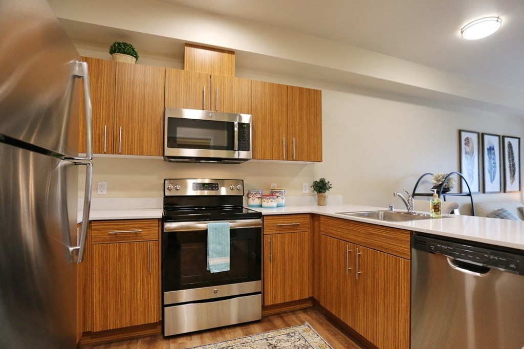 a kitchen with stainless steel appliances and wooden cabinets