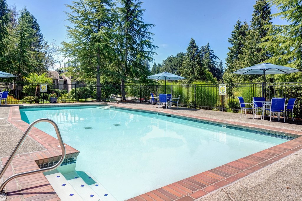 a swimming pool with chairs and umbrellas and trees in the background