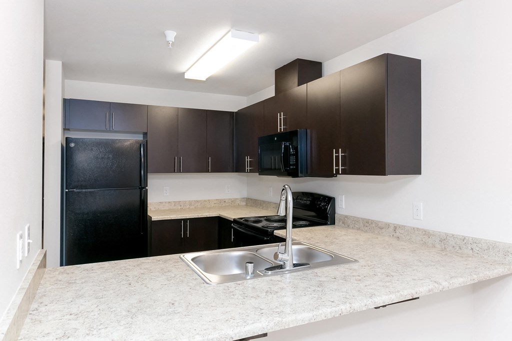 a kitchen with black appliances and a marble counter top