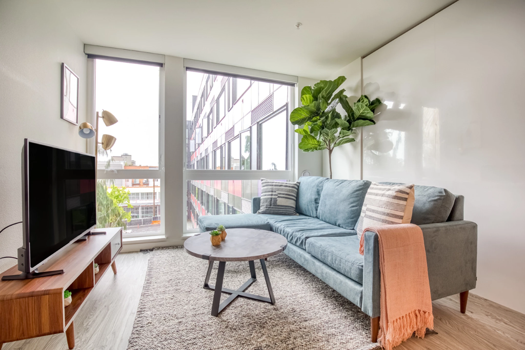 a living room with a couch and a coffee table and a tv