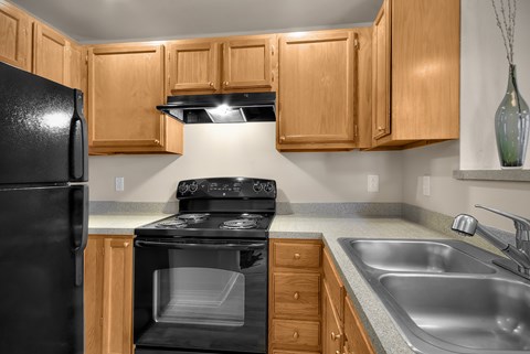 A black refrigerator sits next to a black stove in a kitchen with wooden cabinets.