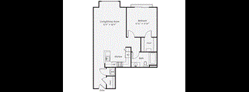 a floor plan of a studio apartment with a bedroom and a living room