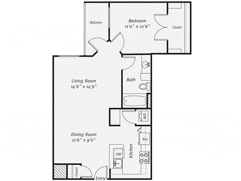 a floor plan of a studio apartment with a bedroom and a living room