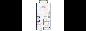 a floor plan of a studio apartment with a bedroom and a living room