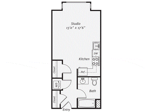 a floor plan of a studio apartment with a bedroom and a living room