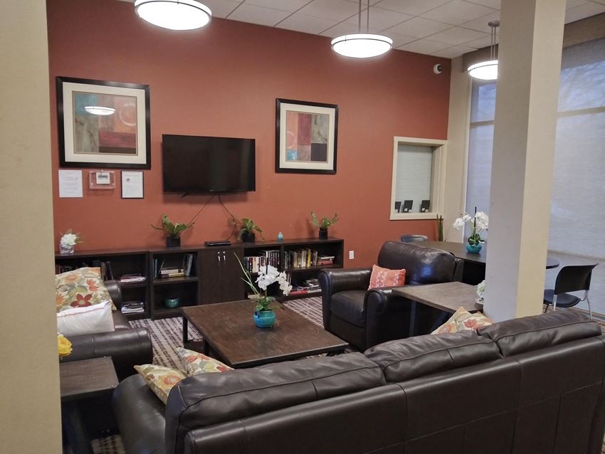 a living room with brown leather furniture and a television