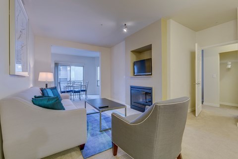 a living room with a couch and a chair and a fireplace