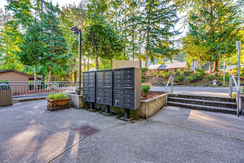 A large grey electrical box sits in the middle of a paved area with a tree in the background.