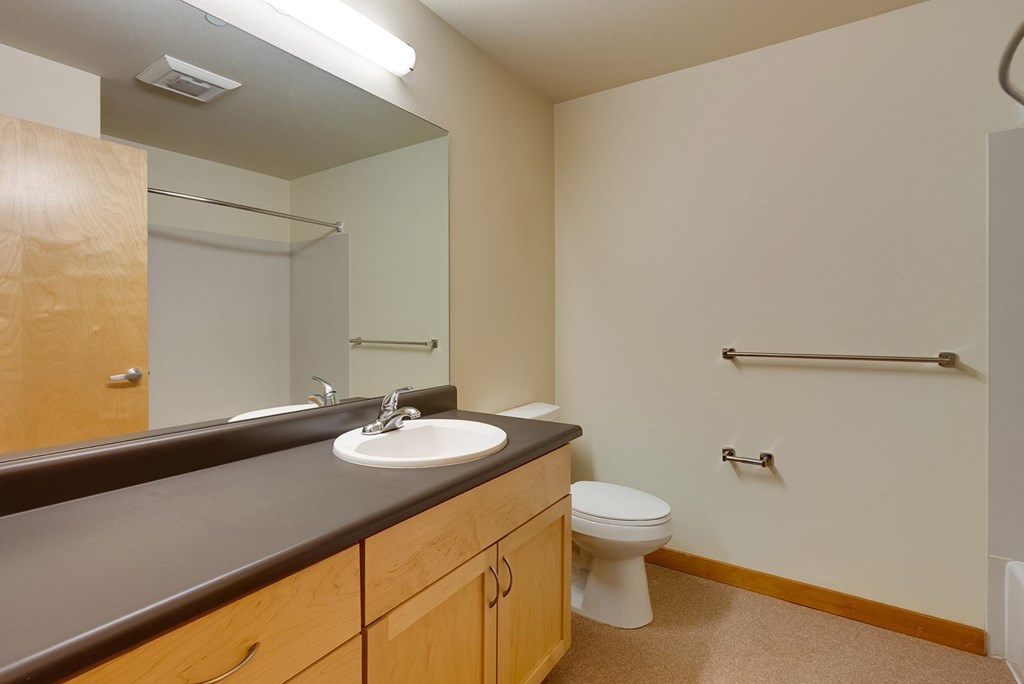 A bathroom with a toilet, sink, mirror, and a towel bar.