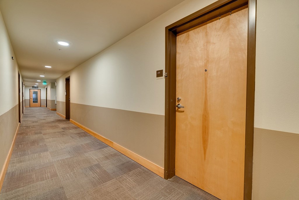 A hallway with a brown door and carpeted floor.
