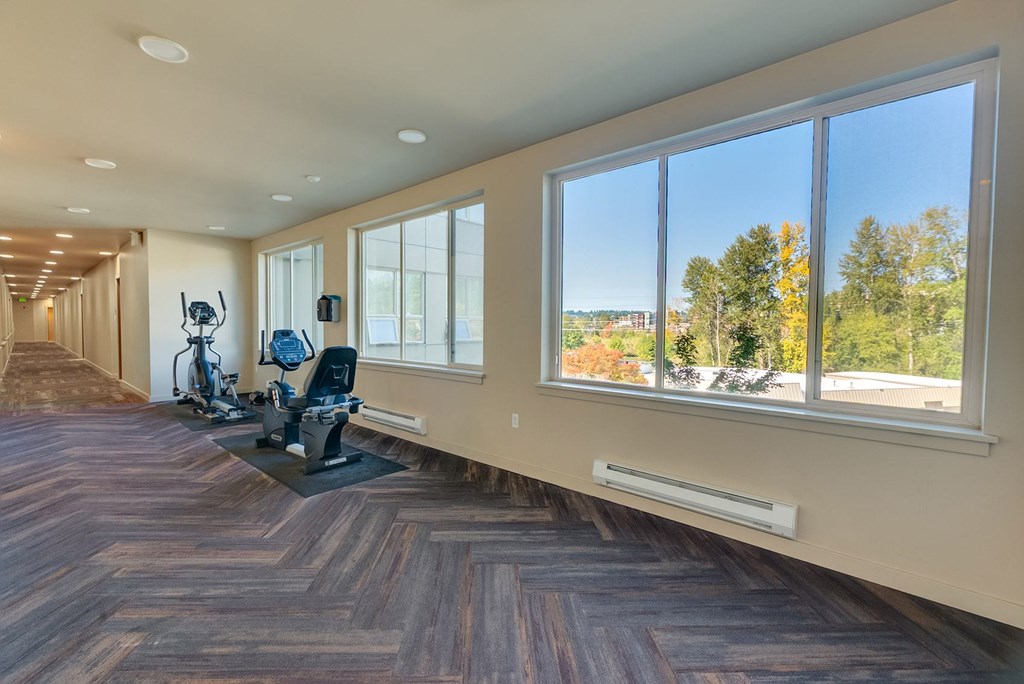 A gym with exercise equipment and a view of trees outside the window.