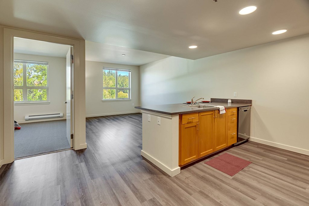 A kitchen with wooden cabinets and a red rug on the floor.