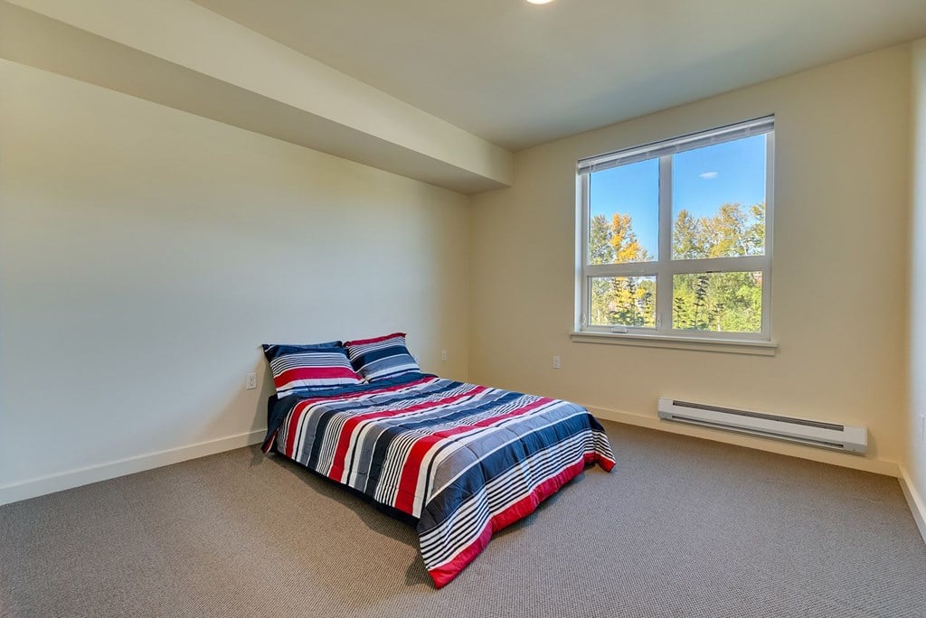 A bedroom with a bed and a window overlooking trees.