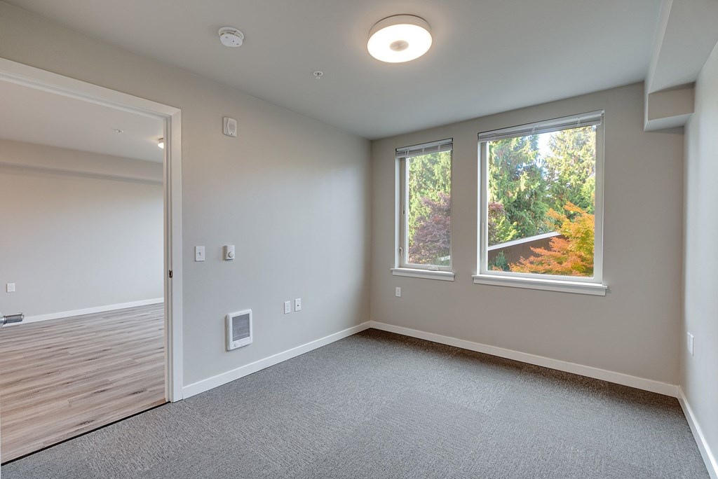 A room with a window overlooking a tree-filled landscape.
