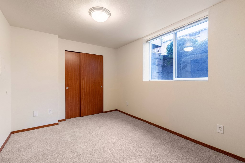 A room with a carpeted floor, a brown door, and a window showing a view of a building outside.