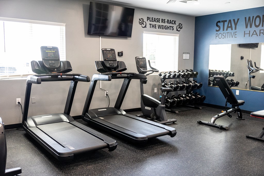 A gym with treadmills, elliptical machines, and dumbbells.