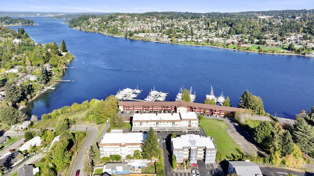 an aerial view of a city and a body of water