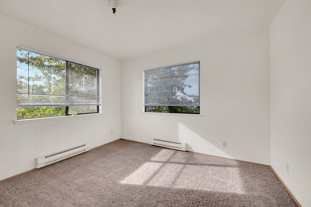 an empty room with two windows and a carpet floor