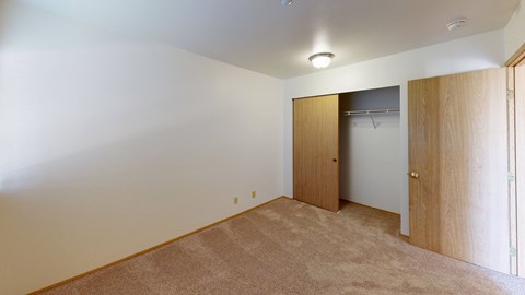 a bedroom with a closet and a door to a wardrobe