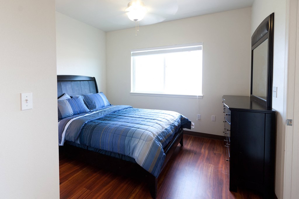 a bedroom with a bed and a dresser and a window