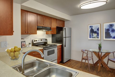 A kitchen with a stove, oven, refrigerator, and sink.