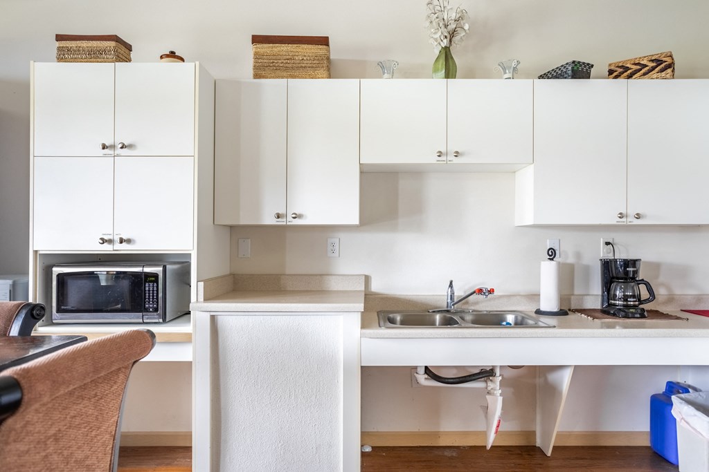 a kitchen with white cabinets and a sink and a microwave