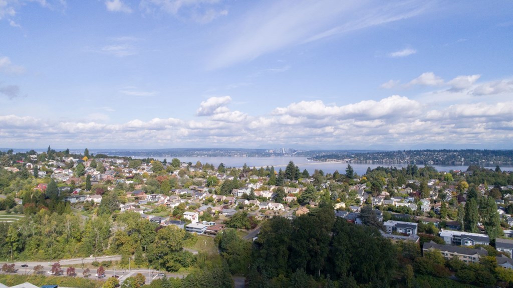 a view of the city and a lake