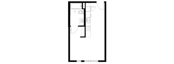 A floor plan of a room with a kitchen area, a bathroom, and a living room.