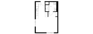 A black and white floor plan of a house with a kitchen, living room, and bathroom.