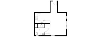 A floor plan of a house with a kitchen, living room, and bathroom.