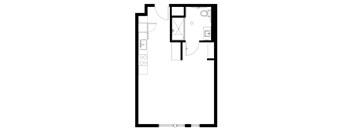 A black and white image of a floor plan with a kitchen, living room, and bathroom.