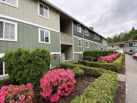 A building with a green and white exterior has a balcony and is surrounded by bushes and flowers.