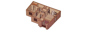 A drawing of a three-story building with multiple windows and doors.