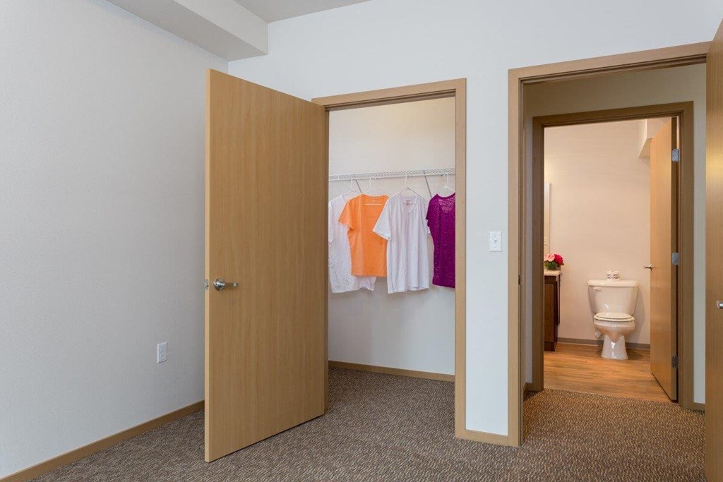 a bathroom with a closet and a door to a closet