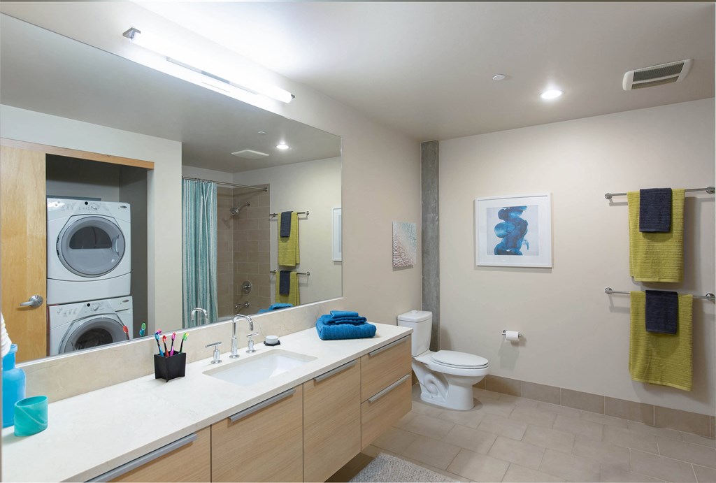 a bathroom with a sink and a toilet and a washing machine