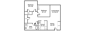 2 bedroom, one bathroom, medium floor plan