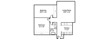 2 bedroom, one bathroom, small floor plan
