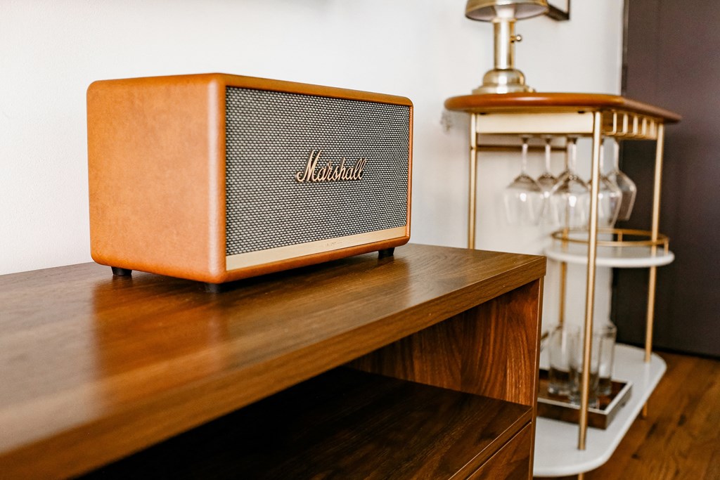marshall record player speaker at The James – Furnished Apartments, Los Angeles