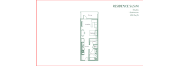 the residence studio floor plan with 650 square feet at The Baxter Apartments, Los Angeles, CA, 90028