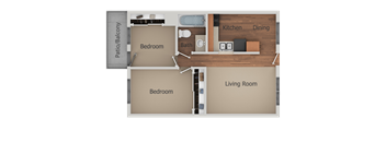 A floor plan of a living space with two bedrooms, a kitchen, and a dining area.