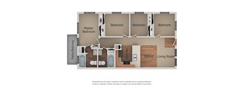 A floor plan of a house with a master bedroom, three bedrooms, a patio/balcony, baths, a kitchen, a dining area, and a living room.