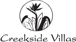 A logo with a plant and the words "Creekside Villas".