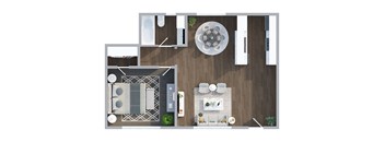A floor plan of a small apartment with a kitchen, living room, and bathroom.