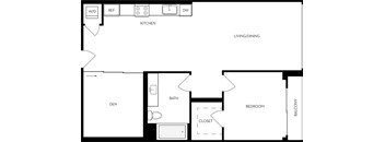 A floor plan of a home with a den, bathroom, and bedroom.
