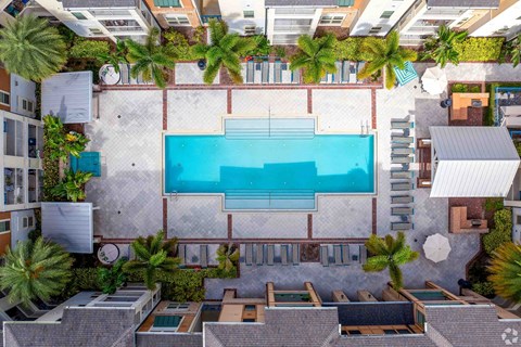Swimming pool in the middle of a building with palm trees  at Park Place, Oviedo, FL, 32765